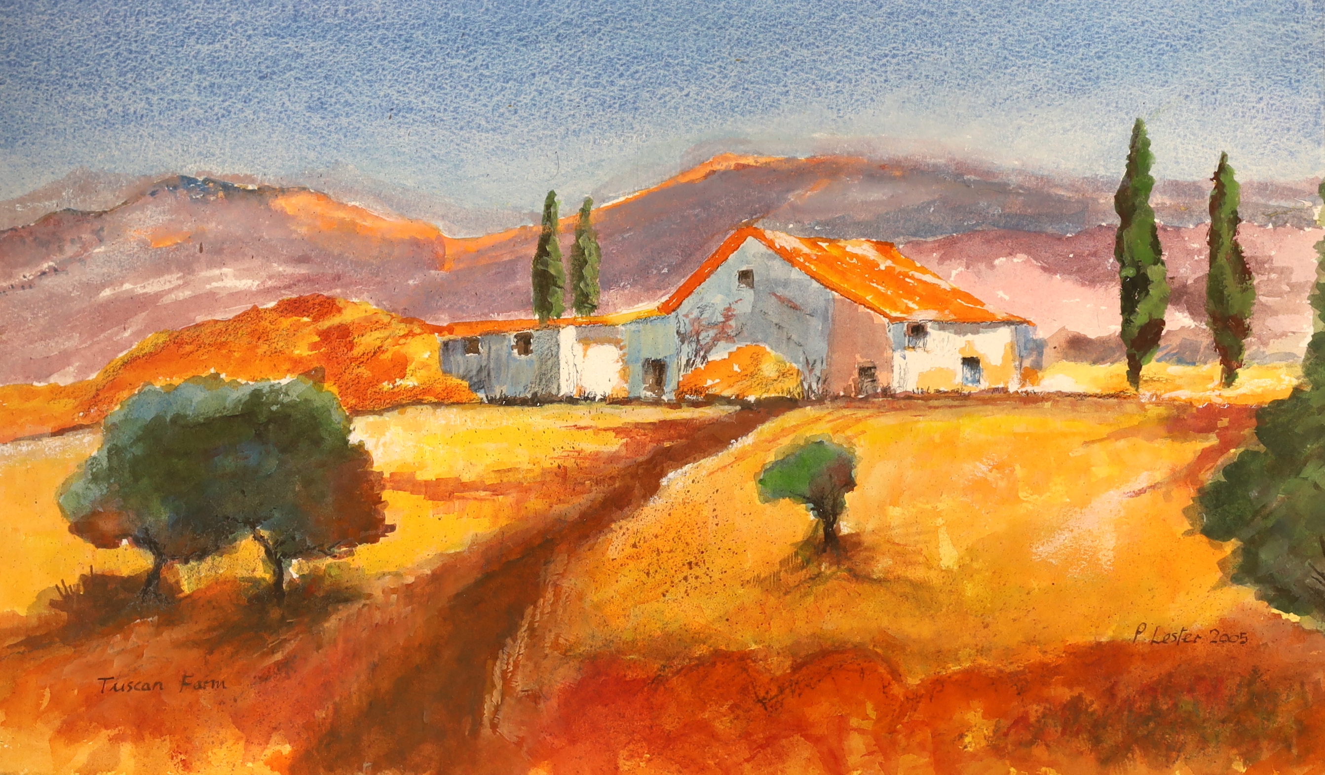 P. Lester (Contemporary) watercolour, 'Tuscan Farm', signed and inscribed, 53 x 32cm
